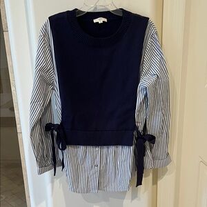 Entro Navy and White Striped Blouse with Bow Accents